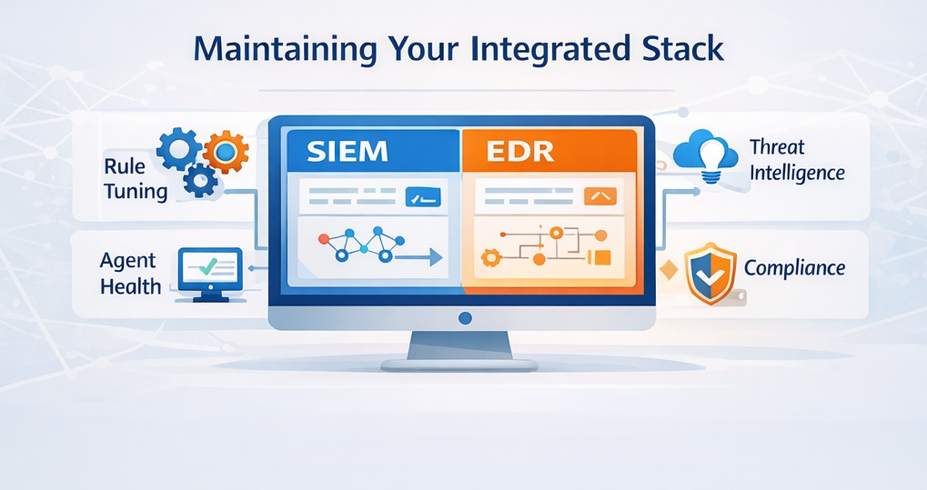 A horizontal five-step workflow diagram detailing a cybersecurity lifecycle. Steps include SIEM detection, analyst triage, and endpoint forensics. The final stage shows a feedback loop of Indicators of Compromise (IOCs), illustrating a complete threat hunting cycle using siem edr investigation for rapid containment.