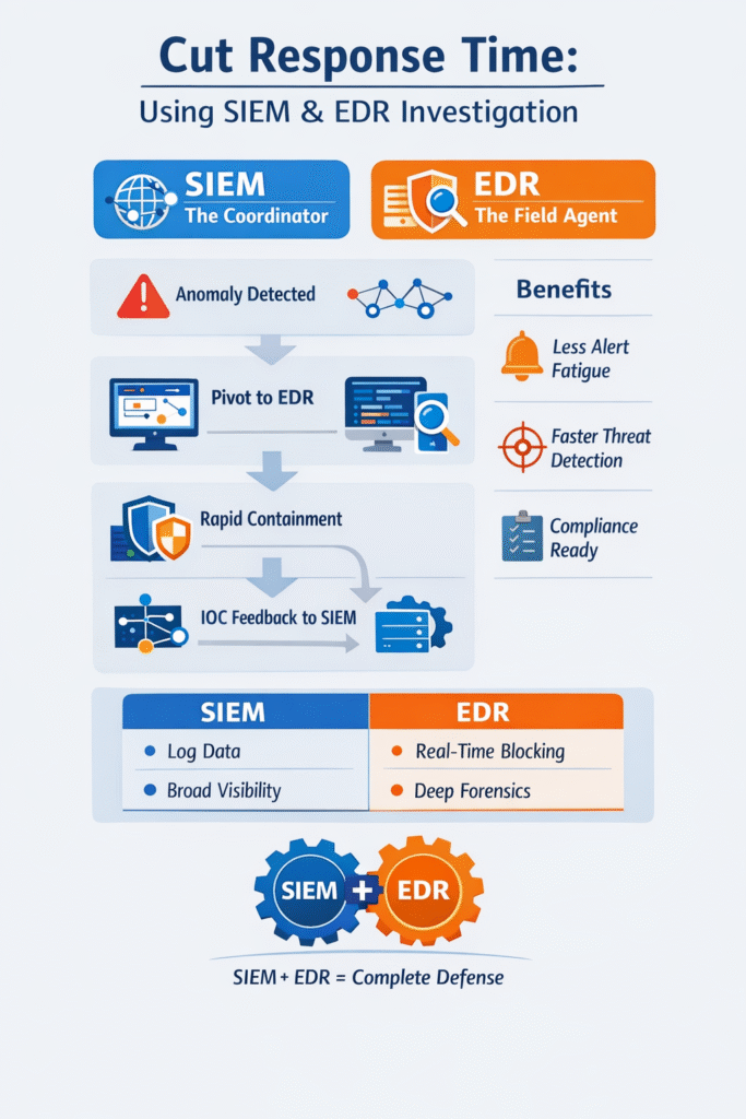 Flat style vector art depicting an integrated security dashboard. A SIEM network map and an EDR process timeline are connected by interlocking gears, demonstrating how security teams cut response times using siem edr investigation to identify and isolate network threats.