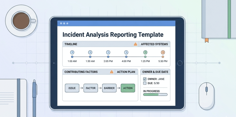 A 2D flat vector illustration of an incident analysis reporting template on a tablet, featuring a structured timeline and action plan.