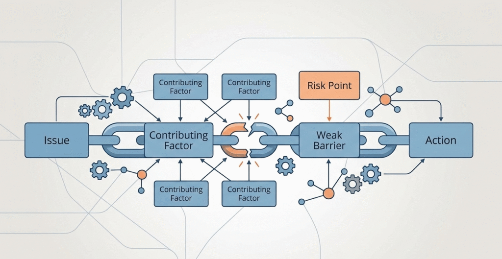 A professional flow diagram within an incident analysis reporting template showing the connection between contributing factors and preventive actions.