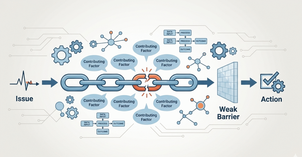 A clean clipboard layout representing an incident analysis reporting template with fields for time, affected systems, and impact.