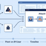A 2D flat vector illustration showing isolated security alerts being linked by arrows into a single timeline, demonstrating the process of correlating events incident investigation to form a clear attack story.