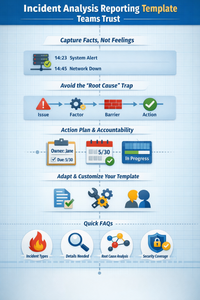 A digital incident analysis reporting template displayed on a laptop screen being customized with adjustable panels and task deadlines.