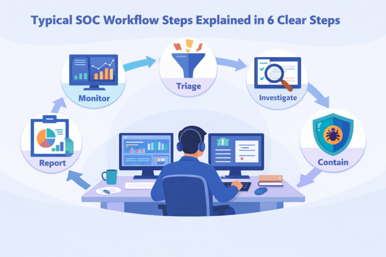 Typical SOC Workflow Steps Explained with circular security operations flow around a central SOC analyst