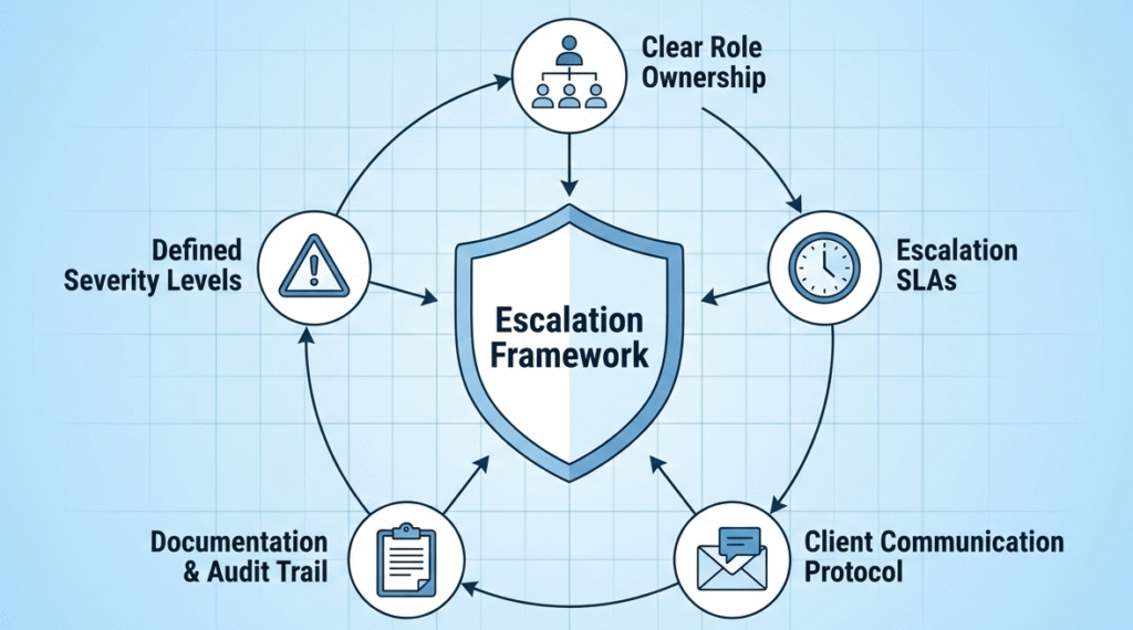 A professional diagram representing an Incident Escalation Procedures Guide, featuring a central shield icon surrounded by five core pillars: severity levels, role ownership, SLAs, communication protocols, and audit trails.