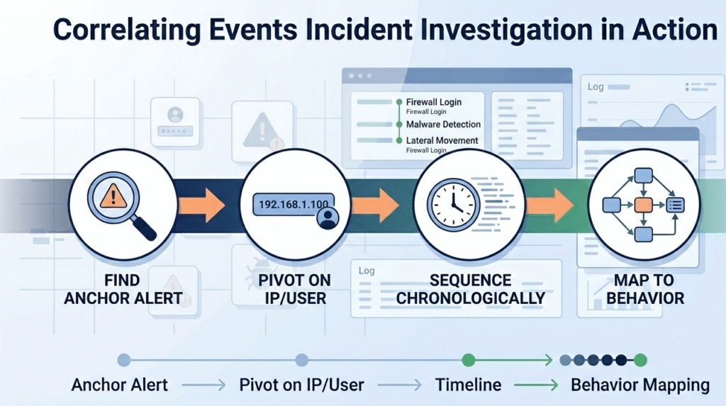 A horizontal process flow diagram outlining the four stages of correlating events incident investigation: finding an anchor alert, pivoting on data, sequencing chronologically, and behavior mapping.