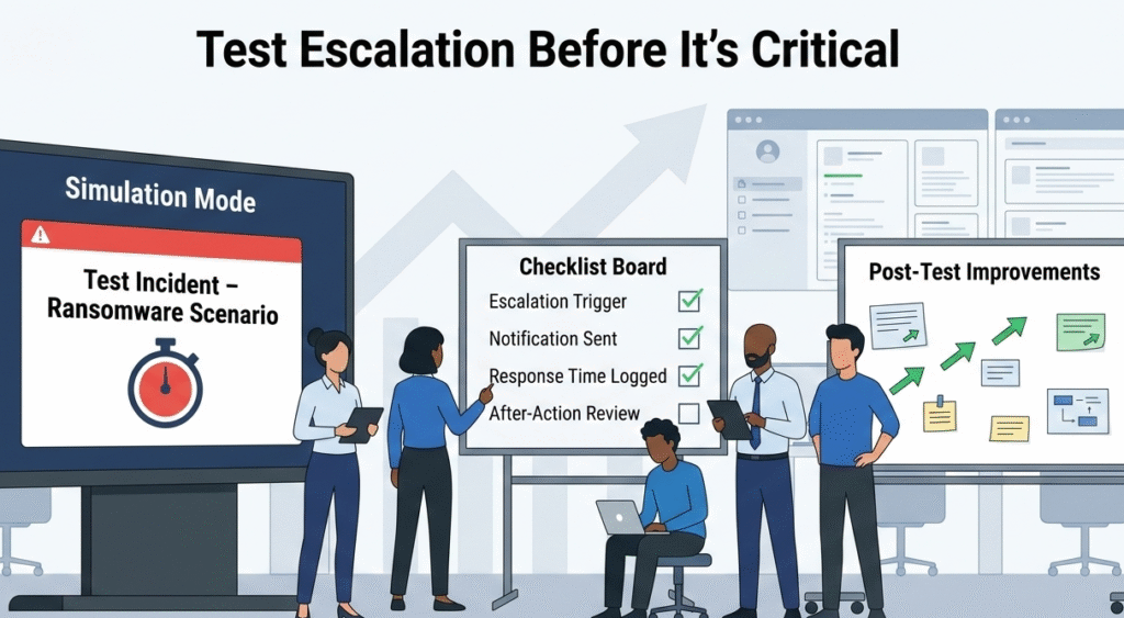 Modern flat vector scene of a SOC team conducting a ransomware drill, illustrating the "test before critical" phase of an Incident Escalation Procedures Guide with checklists and post-test improvement boards.