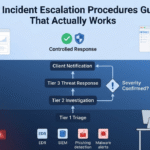 2D vector illustration of an Incident Escalation Procedures Guide showing a vertical workflow from a Tier 1 SOC analyst reviewing alerts to a senior lead managing a controlled response.