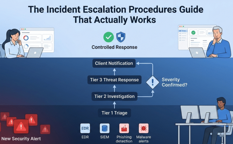 2D vector illustration of an Incident Escalation Procedures Guide showing a vertical workflow from a Tier 1 SOC analyst reviewing alerts to a senior lead managing a controlled response.