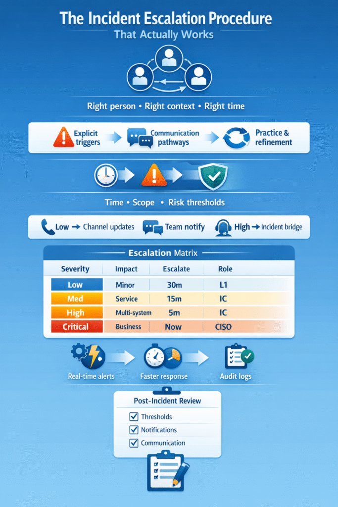 Structured infographic for an Incident Escalation Procedures Guide visualizing the organized flow of security alerts through various investigation tiers and response protocols.