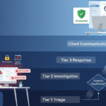 A 2D vector flow diagram illustrating the MSSP incident escalation process, showing alerts moving from Tier 1 triage up to Tier 3 response and final containment.