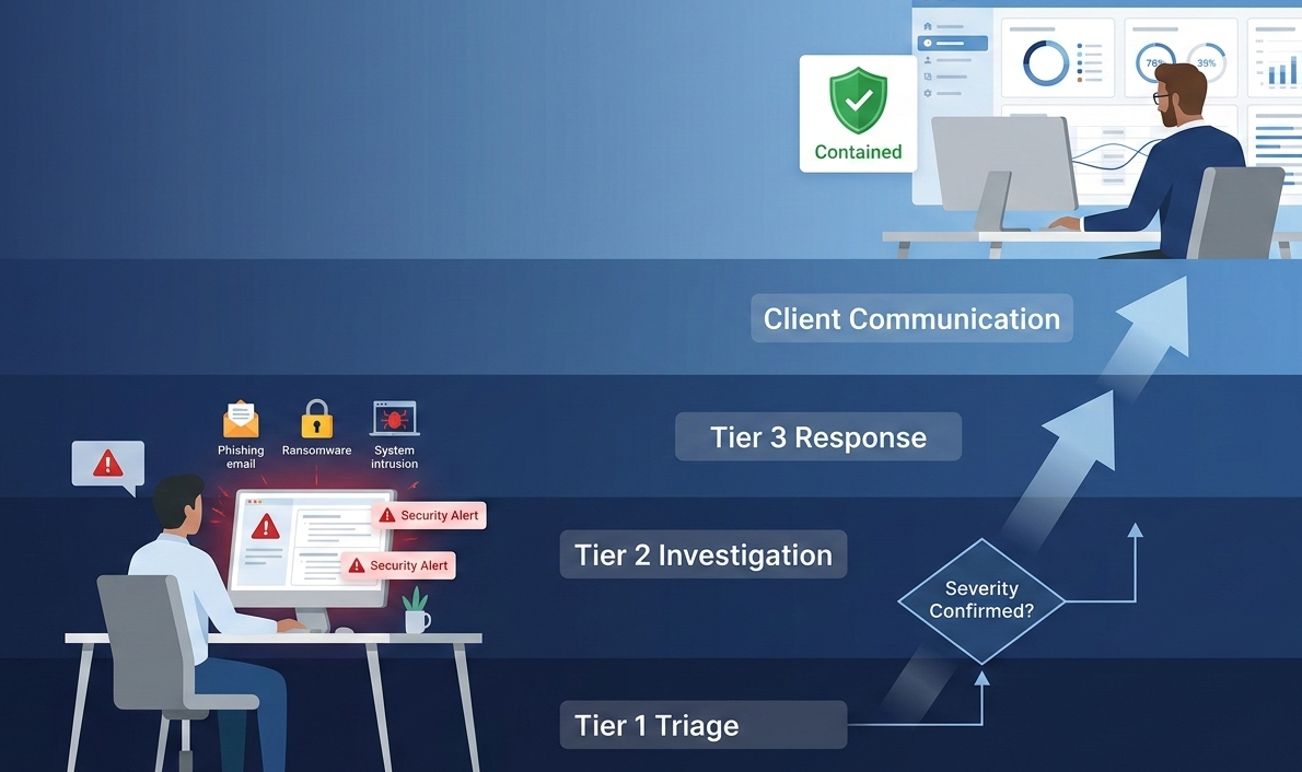 A 2D vector flow diagram illustrating the MSSP incident escalation process, showing alerts moving from Tier 1 triage up to Tier 3 response and final containment.