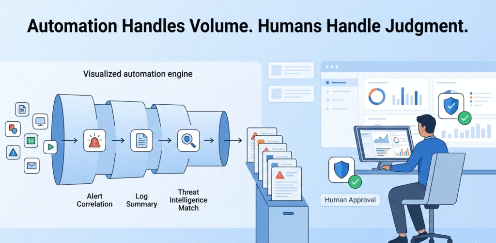 A modern illustration of a security automation pipeline filtering high-volume data into a human-led MSSP incident escalation process for final expert judgment.