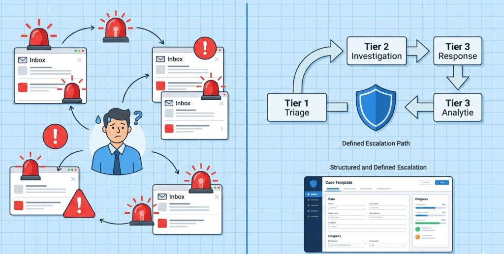 A side-by-side comparison showing a chaotic inbox versus a structured, defined MSSP incident escalation process with clear investigation stages and case templates.