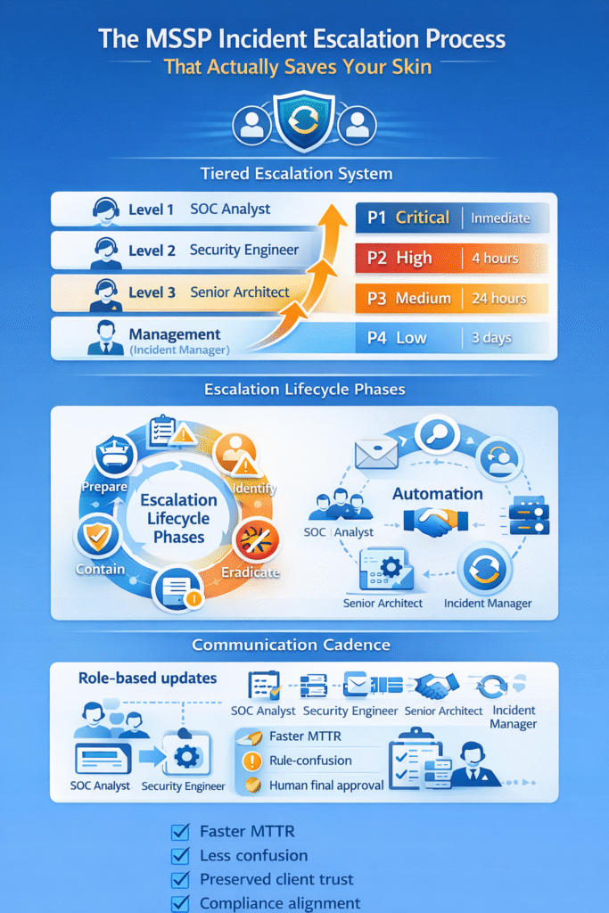 A professional SOC environment scene depicting the vertical flow of a security threat through a verified MSSP incident escalation process, from initial alert to senior lead approval.