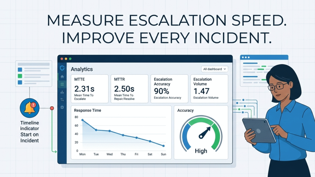 A clean data dashboard displaying MTTR and MTTE metrics used for defining incident escalation triggers and measuring SOC team accuracy.