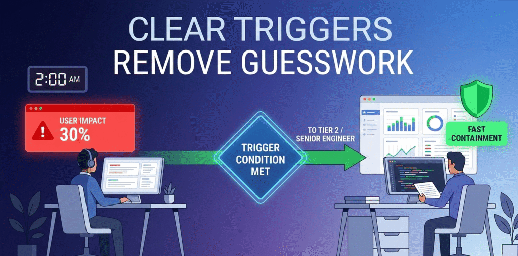 A professional cybersecurity diagram of a Tier 1 analyst and a senior engineer connected by an automated workflow defining incident escalation triggers.