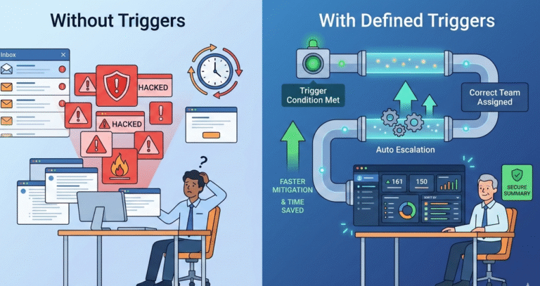 A split-screen vector illustration showing the difference between manual decision-making and a system defining incident escalation triggers for faster security responses.