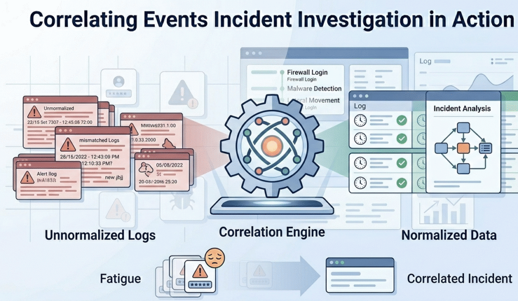A professional illustration of a central correlation engine transforming unnormalized logs into structured data, illustrating how correlating events incident investigation reduces analyst fatigue.