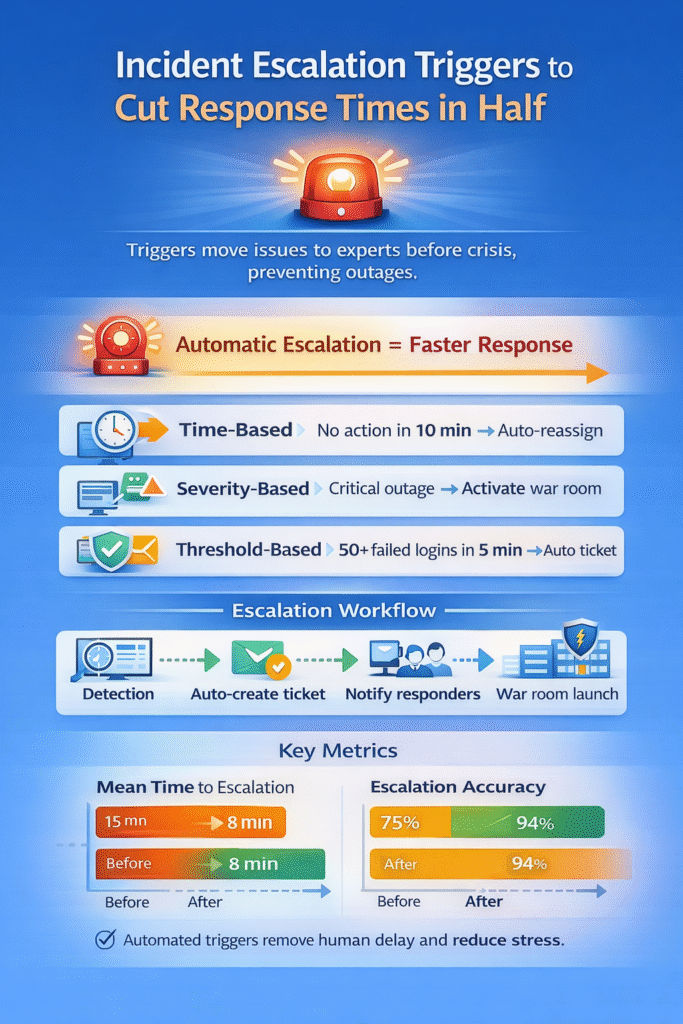 A minimalist 2D illustration of a structured automation pipeline defining incident escalation triggers to ensure critical alerts reach the correct team instantly.