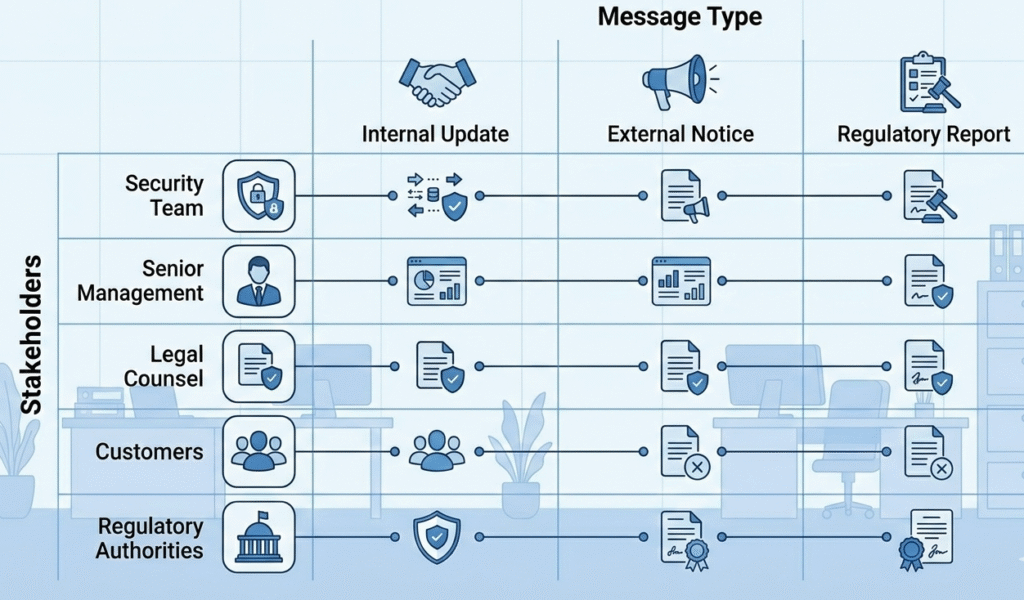 A clean vector graphic showing a security incident communication plan matrix, mapping stakeholders to specific message types like internal updates and regulatory reports.