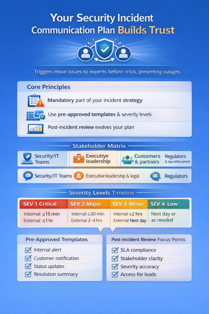 A modern, blue-toned flat vector design representing a structured security incident communication plan with organized data nodes and a clean professional background.