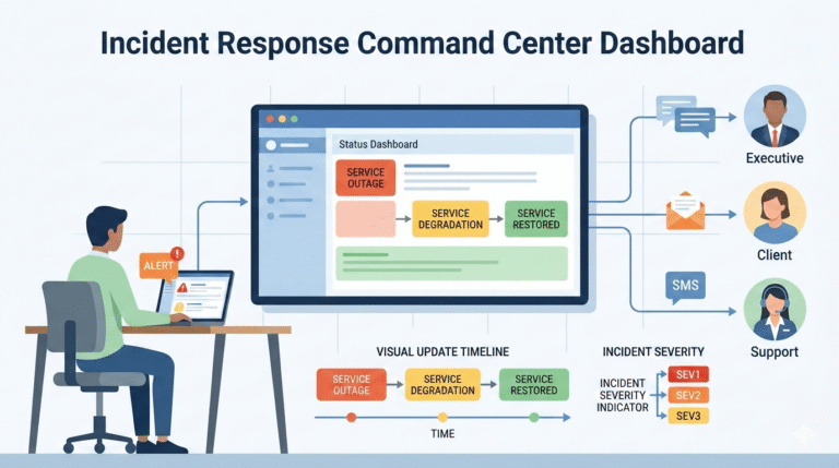 Analyst at a dashboard notifying stakeholders during incident using streamlined communication channels.
