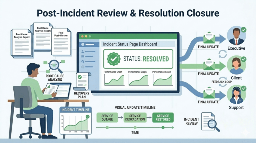 Final resolution screen for notifying stakeholders during incident closure with green "Resolved" status.
