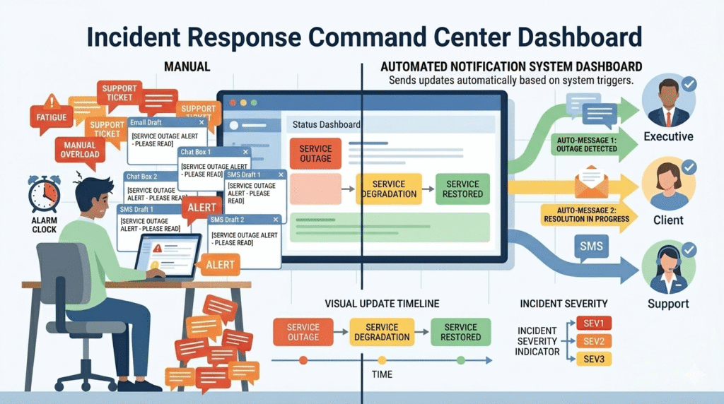 A comparison of manual versus automated workflows when notifying stakeholders during incident response.