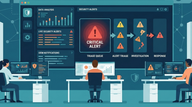 Dashboard showing a broken workflow pipeline and delayed escalating critical security events in a red triage queue.