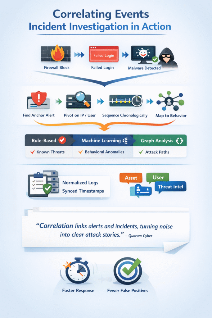 A clean cybersecurity dashboard scene showing disjointed data points snapping together into a chronological sequence for effective correlating events incident investigation and threat mitigation.