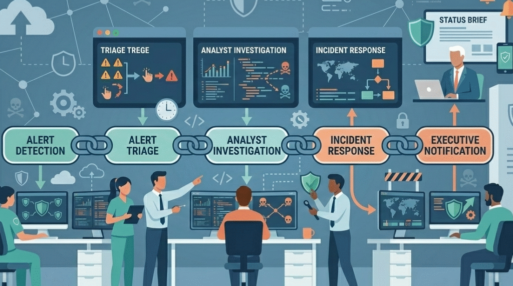 A structured chain of command and coordinated team workflow for efficiently escalating critical security events.