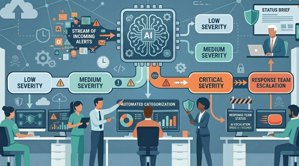 Overwhelmed analyst facing alert fatigue, with a hidden risk of escalating critical security events buried in a queue.