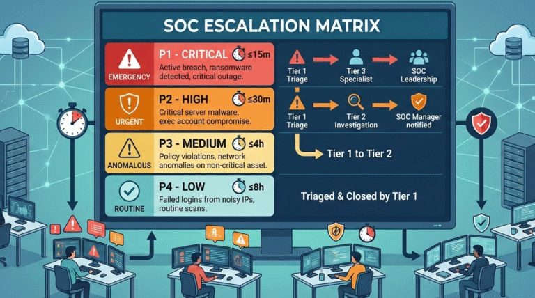 SOC team reviewing a SOC escalation matrix example to prioritize alerts and speed up incident response.
