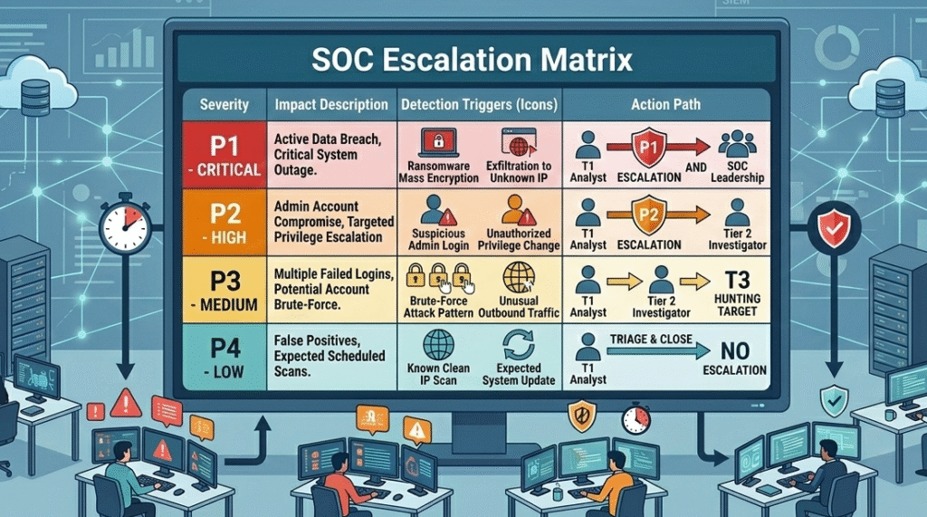 Visual SOC escalation matrix example showing severity levels and escalation paths for faster threat containment.