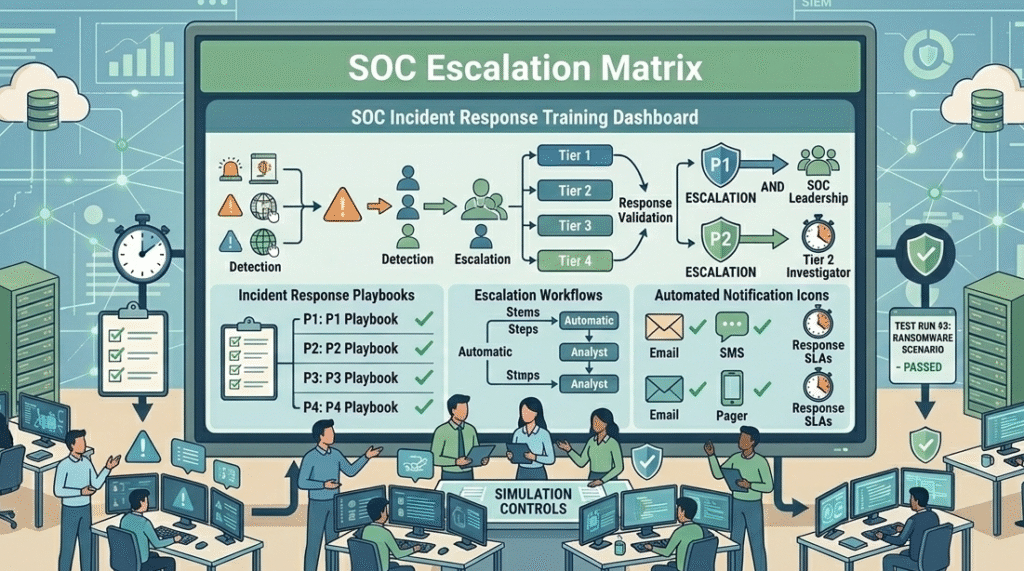 Diagram of a SOC escalation matrix example illustrating response times, severity levels, and escalation workflow.