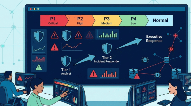 SOC dashboard showing incident severity escalation levels from Tier 1 to Executive response in a vector style.
