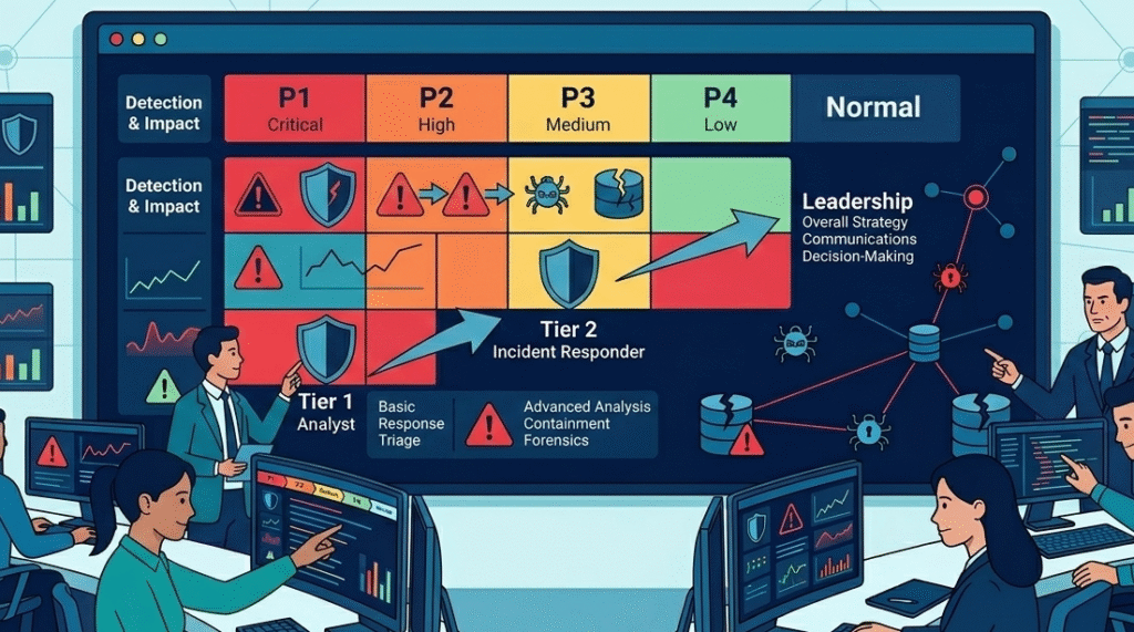 Vector scene of a cybersecurity team managing incident severity escalation levels via a central digital screen.