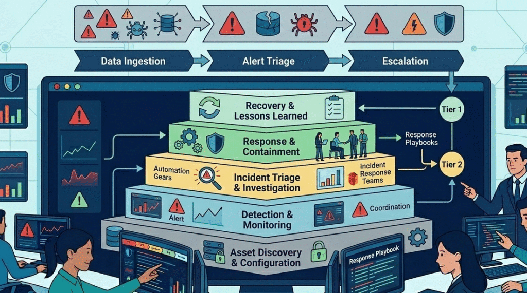 Structured framework diagram illustrating incident severity escalation levels within a modern SOC environment.