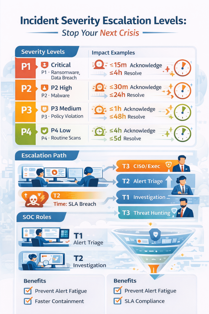  Infographic of a security matrix tracking incident severity escalation levels with analysts at workstations.