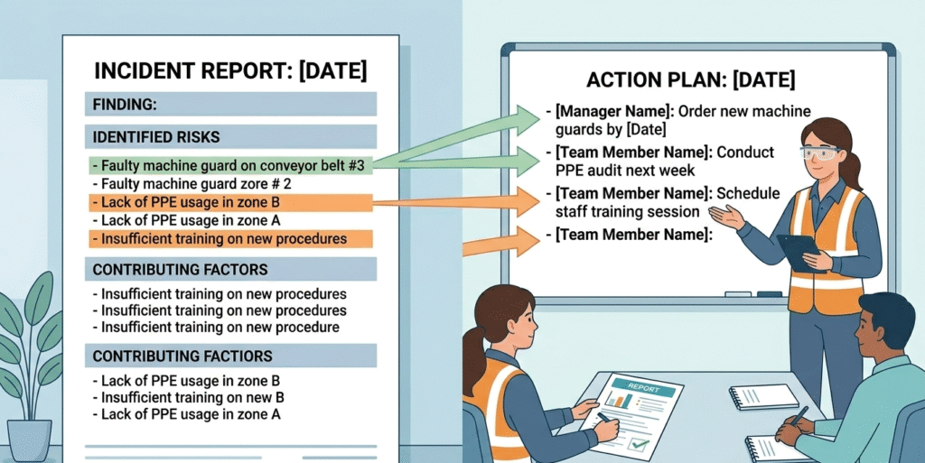 A structured document titled "Incident Investigation Report" features a fishbone diagram analyzing a "Conveyor Incident," showcasing the initial stage of documenting incident investigation findings for a workplace accident.