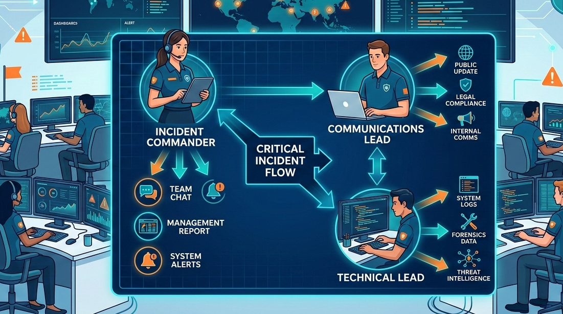 SOC analysts using a flow diagram for managing incident response team communication in a modern security center.