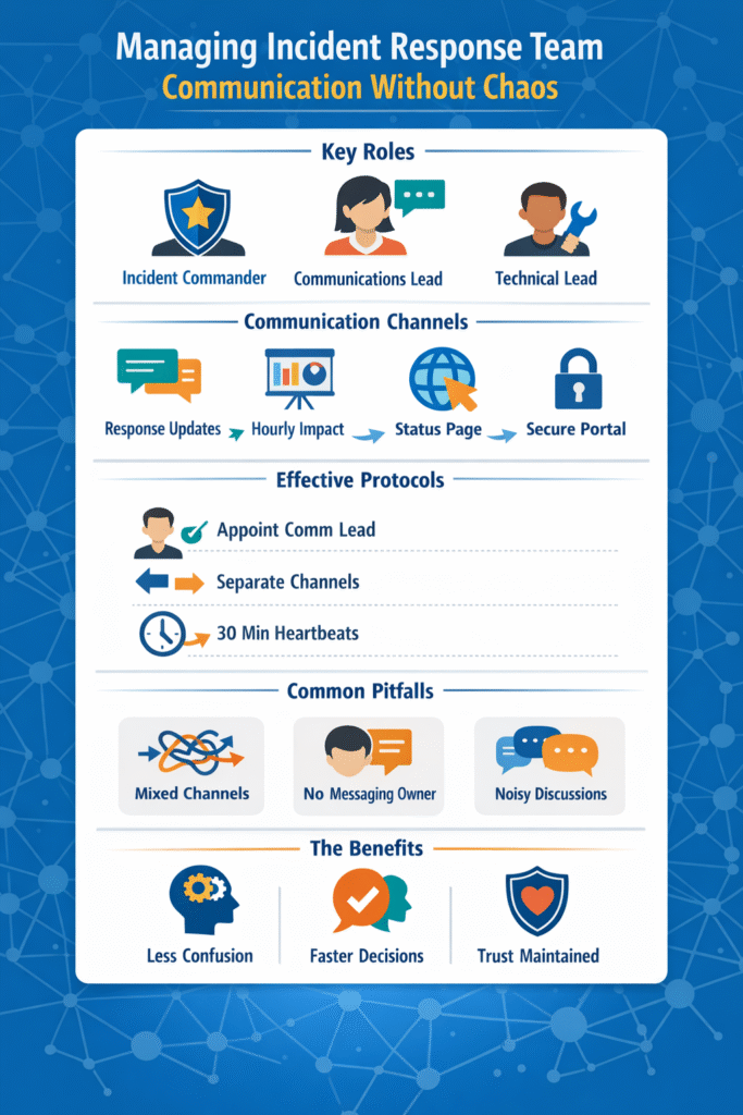 A clean 2D diagram illustrating roles and channels for managing incident response team communication.