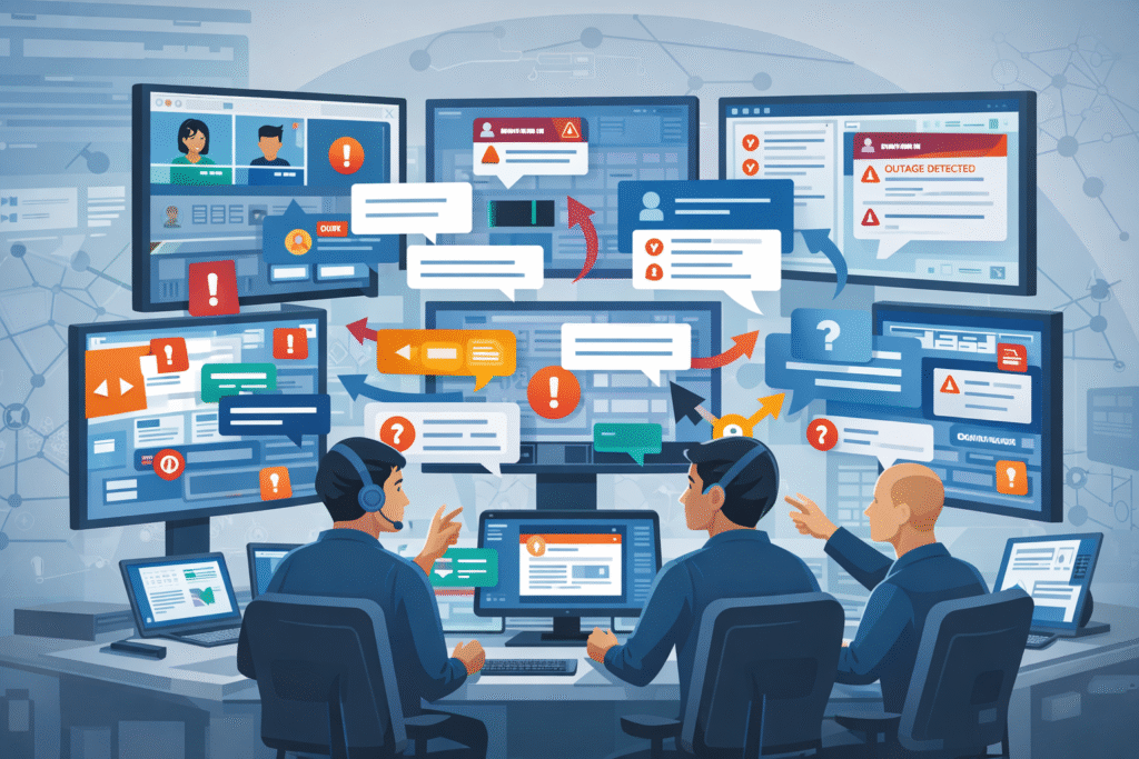 Vector art of a chaotic SOC environment, showing the challenges of managing incident response team communication.