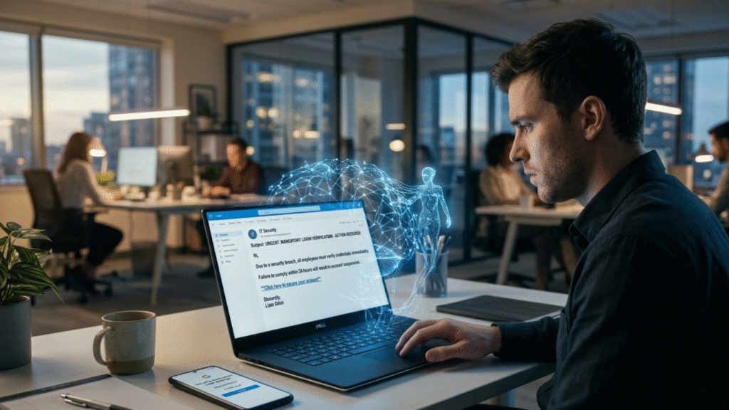 Employee reviewing agentic AI insider threat security alert on laptop in modern office