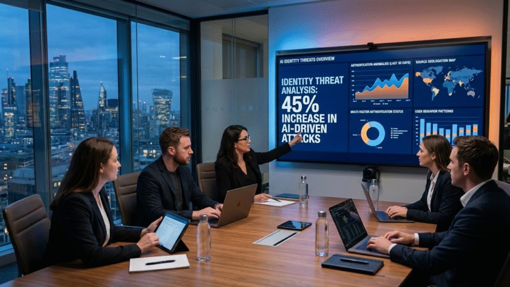 Business team discussing agentic AI as newest insider threat with security analytics on screen