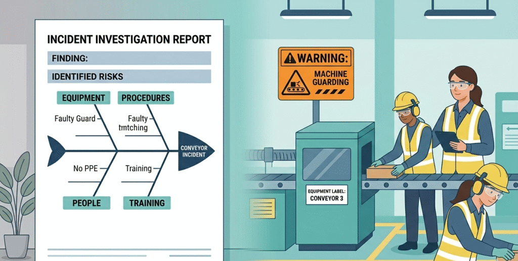 This split-panel graphic illustrates how documenting incident investigation findings leads to action: a clear report with a root cause analysis is shown next to an updated factory floor with new safety signage and protective equipment.
