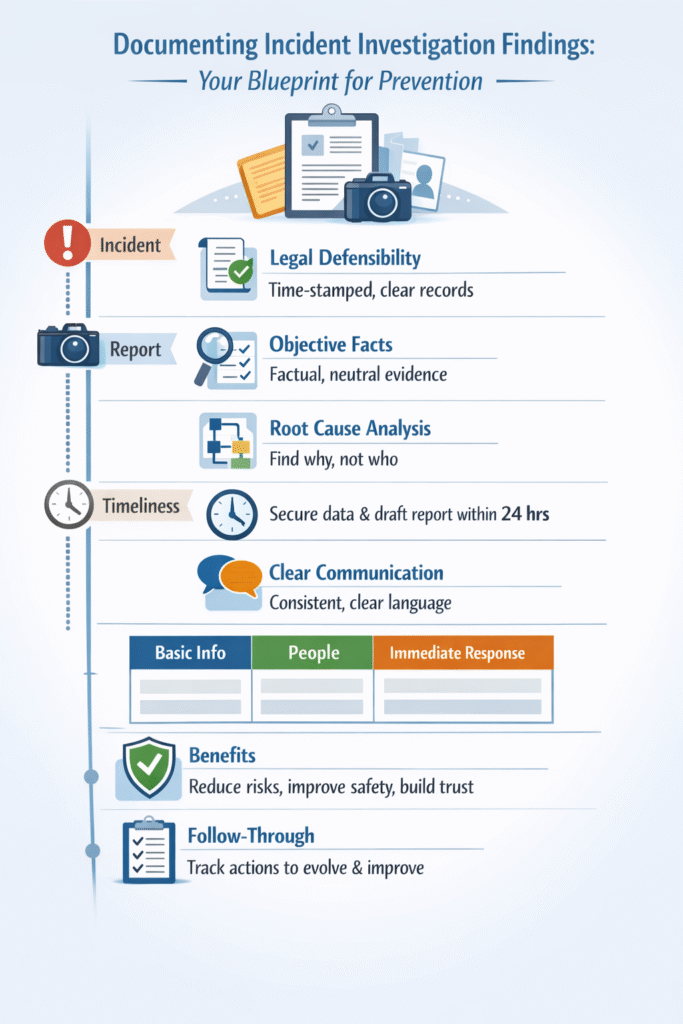 The importance of documenting incident investigation findings is highlighted in this illustration, where a detailed analysis of a conveyor problem is visibly translated into tangible safety improvements in a manufacturing environment.