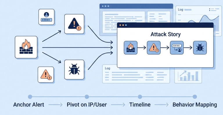 A 2D flat vector illustration showing isolated security alerts being linked by arrows into a single timeline, demonstrating the process of correlating events incident investigation to form a clear attack story.