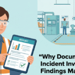 A flat vector illustration comparing an "Incident Investigation Report" with a fishbone diagram to a factory scene, illustrating the process of documenting incident investigation findings to improve safety.
